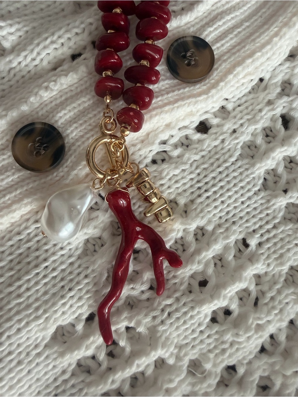 Joie Red Coral Charm Necklace with Pearl Drop and Gold Accents